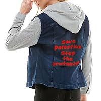 Save Palestine Ladies' Denim Jacket with Fleece Hoodie - Slogan Women's Denim Jacket - Unique Denim Jacket