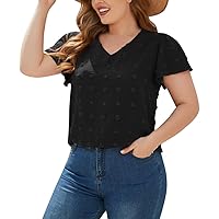 IMEKIS Women Plus Size Summer Tops Causal Short Ruffle Sleeve V Neck Blouse Tunic T-Shirts Chiffon Swiss Dot Loose Shirts Top