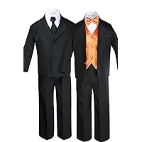 Unotux 7pc Boys Black Suit with Satin Orange Vest Set (S-20)
