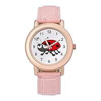 Amusing Ladybird Womens Watch Round Printed Dial Pink Leather Band Fashion Wrist Watches