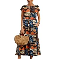 Womens Cotton Linen Midi Dress Crew Neck Short Sleeve Printed A Line Long Dress Summer Loose Fit Comfy Flowy Dresses