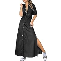 chouyatou Women's Summmer Button Down Distressed Maxi Denim Shirt Dress Short Sleeve Flared Jean Dress