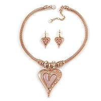 Romantic Crystal Heart Mesh Necklace and Stud Earrings Set In Rose Gold Metal (Pink) - 39cm L/ 8cm Ext - Gift Boxed