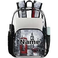 London Telephone Booth Big Ben Personalized Clear Backpack Custom Large Clear Backpack Heavy Duty PVC Transparent Backpack with Reinforced Strap for Work Travel