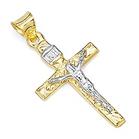 14K Two 2 Tone White and Yellow Gold Polished Diamond Cut Religious Catholic Latin Crucifix Charm Pendant