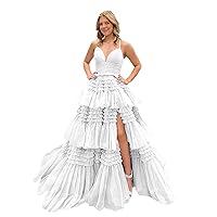 Tiered Ruffles Prom Dresses for Women Glitter Tulle Spaghetti Strap Ball Gown with Split Princess Formal Evening Gowns
