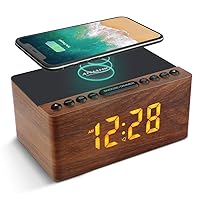 ANJANK Digital LED Alarm Clock FM Radio, Fast Wireless Charger Station for iPhone/Samsung Galaxy, 5 Level Dimmer, USB Charging Port, 2 Sounds, Sleep Timer for Bedroom, Bedside, Desk - Wood