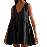 Limited of Time Deals Today Prime Women Oversized Sleeveless Dress Summer V Neck Pleated Tunic Dress Solid Loose Casual Sundress 2024 Short Tank Dress Bas Blanc Femme Black