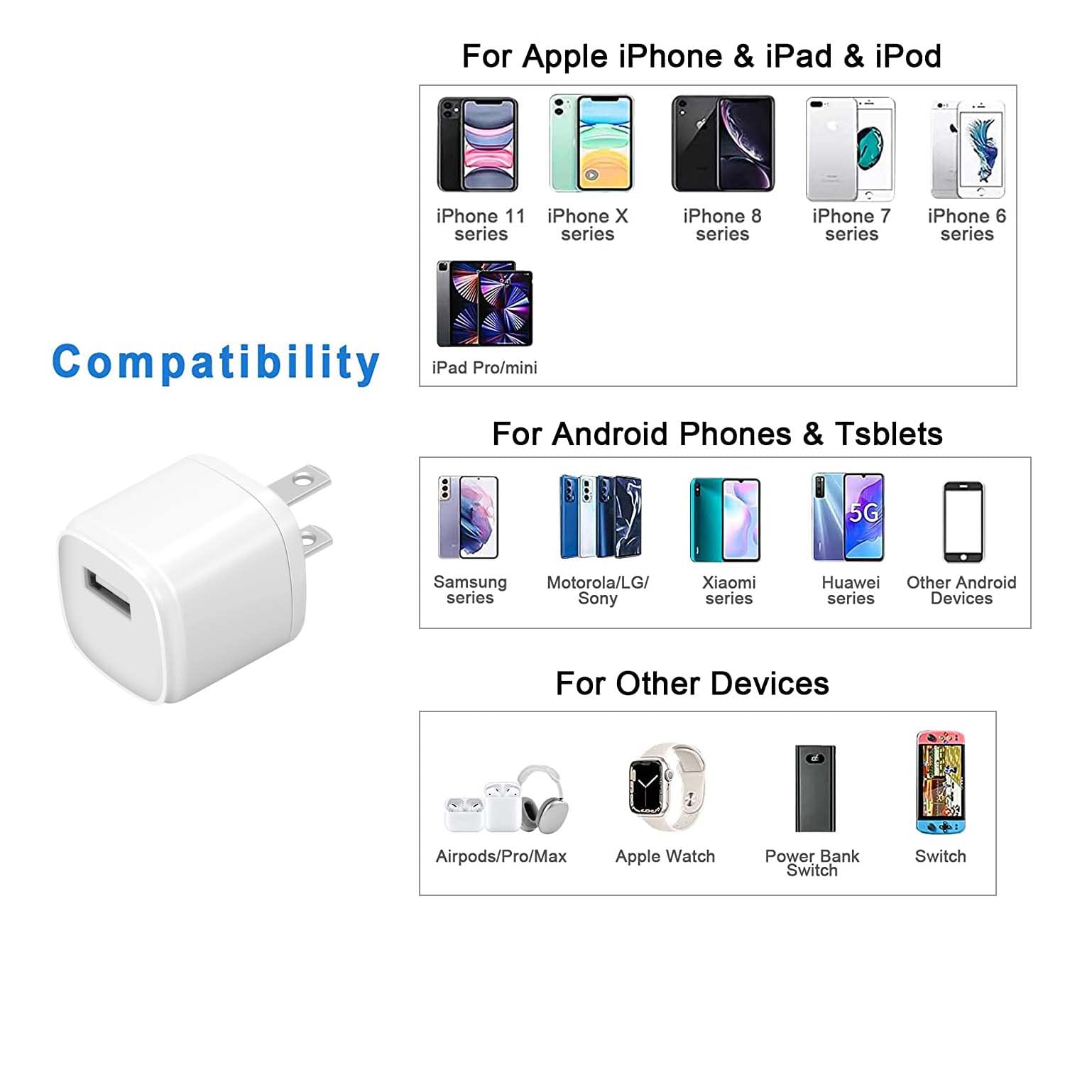 USB Wall Charger Plug,ZLONXUN 2-Pack 5V Charger Block Cube Compatible with iPhone,iPod,Watch,Headset(2 Pack)