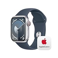Apple Watch Series 9 [GPS + Cellular 41mm] Smartwatch with Silver Aluminum Case with Storm Blue Sport Band S/M with AppleCare+ (2 Years)