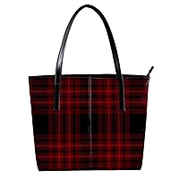 Leather Handbag for Women Large Capacity Top Handle Satchel Bucket Purses Shoulder Bag Red Plaid