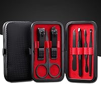 Nail Clipper Set, Manicure, Pedicure Kit, 7 in 1 Black Stainless Steel Professional Grooming Kit with Black Leather Travel Case