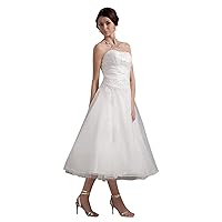 Ivory Organza A Line Strapless Tea Length Wedding Dress With Applique
