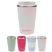Reusable Coffee Cup, Coffee Travel Mug with Leakproof Lid, Thermal Mug Double Walled Insulated Cup, Stainless Steel Portable Cup with Rubber Grip, for Hot&Cold Drinks(New-Pink/White, 12oz)