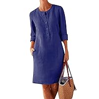 TIAFORD Linen Midi Dress for Women with Pockets 3/4 Sleeve Cotton Shift Dress Knee Length Women's Long Dresses Causal Summer