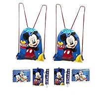 D i s n e y Mickey and Minnie Mouse Drawstring Backpacks Plus Lanyards with Detachable Coin Purse and Autograph Books (Set of 6) (Dark Blue - Dark Blue)