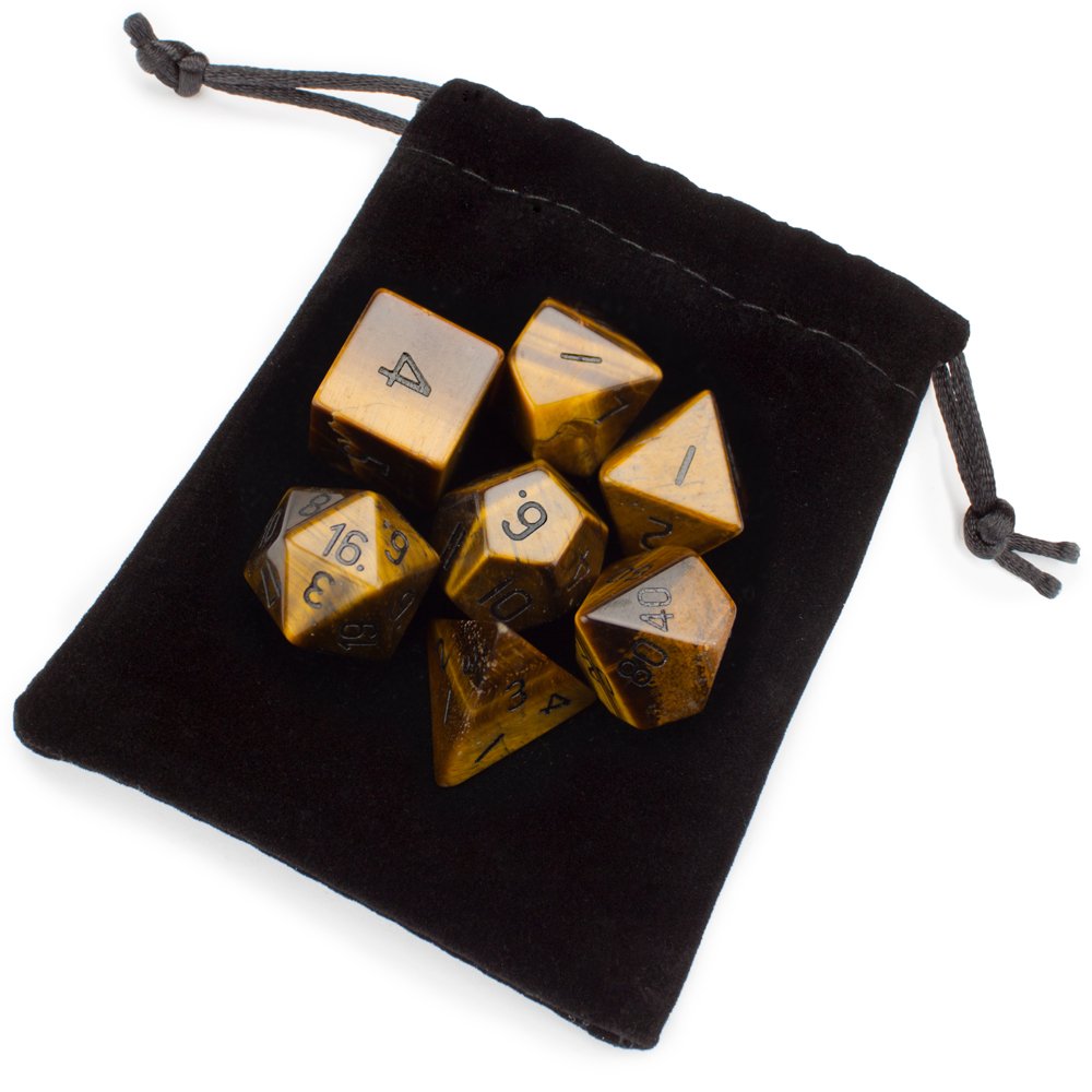Set of 7 Handmade Stone Dice with Velvet Bag - Great for Fantasy Games! (Tigers Eye)