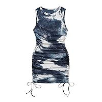 GORGLITTER Summer Dresses for Women 2024 Ruched Bodycon Dress Tie Dye Mini Dress Ribbed Knit Sleeveless Short Dresses