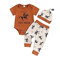 Western Newborn Baby Boy Clothes Yee Haw Short Sleeve Romper Ride Horse Pants Hat Set 3Pcs Cowboy Coming Home Outfit