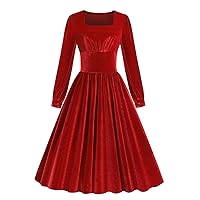 Womens Long Sleeve Velvet Dress Vintage Square Neck Midi A Line Swing Dress Ladies High Waisted Homecoming Party Dress