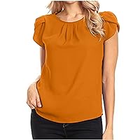 Women Tops Dressy Casual Solid Color Elegant Crewneck Pleated Blouses Back Keyhole Button Petal Sleeve Tops