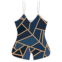 Navy Blue Deco Art Funny Slip Jumpsuits One Piece Romper for Women Sleeveless with Adjustable Strap Sexy Shorts
