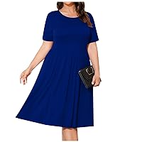 Womens Plus Size Summer Dress Casual Short Sleeve Paletead Waist Loose Boho Dress 2024 Trendy Beach Sundress