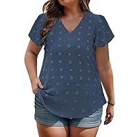 VISLILY Womens-Plus-Size-Summer-Tops Ruffle Short Sleeve V Neck T Shirts Cute Swiss Dot Blouses Casual Tunics Tee