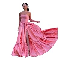 Women's Long Strapless Satin Prom Dress Sleeveless A Line Evening Ball Gown with Slit