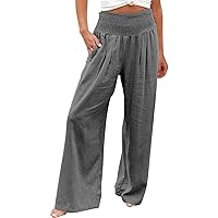 2024 Linen Pants Women,Women Linen Pants Summer Boho Wide Leg High Waist Casual Lounge Pant Trousers with Pockets