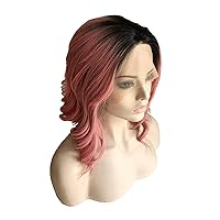 Black Ombre Dark Pink Color Natural Big Loose Wave Short Bob Heat Resistant Synthetic Lace Front Wigs 12inch