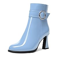Womens Round Toe Party Fashion Patent Solid Zip Block High Heel Ankle High Boots 3.3 Inch