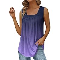 Summer Tank Tops for Women Trendy Curved Hem Pleated Tunic Tops Loose Fit Flowy Square Neck Sleeveless Shirts Blouse