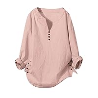 Womens Drop Shoulder Cotton Linen Tunic Tops Long Sleeve V Neck Button Blouses Casual Loose Fit Side Split Dressy Shirts