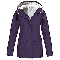 Women Fleece Lined Raincoat with Hood Waterproof Solid Color Lightweight Outdoor Windbreaker Rain Jacket Outerwear
