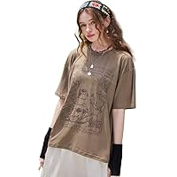 Women's T-Shirt Frog & Skull Print Drop Shoulder Tee T-Shirt for Women (Color : Khaki, Size : Large)