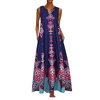 Women's Flowy Beach Round Neck Glamorous Dress Swing Casual Loose-Fitting Summer Sleeveless Long Floor Maxi Print