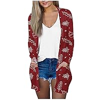 Cardigan for Women Lightweight Open Front Tops with Pocket Cute Christmas Print Long Sleeve Cardigan Jackets