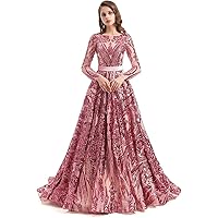 Women's Scoop Sequins Long Sleeves Lace-up Prom Ball Gown