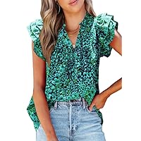 SHEWIN Women's Casual Boho Floral V Neck Ruffle Short Sleeve Loose Blouses Tops