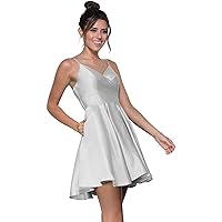 Women's Spaghetti Strap V Neck A Line Pleated Short Homecoming Dress Satin Formal Prom Evening Gown with Pockets