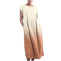 Gradient Boho Summer Dress Pockets Sleeveless Roundneck Maxi Dresses Swing Cotton Linen Baggy Sun Dress Holiday