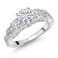 Gem Stone King 925 Sterling Silver White Moissanite White Diamond and White Moissanite Engagement Ring For Women (1.27 Cttw, Gemstone, Round 6MM and 3MM)