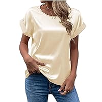 Women's Summer Tops T-Shirt Elegant Solid Round Neck Rolled Short Sleeve Satin Silk Blouse Tops and Blouses