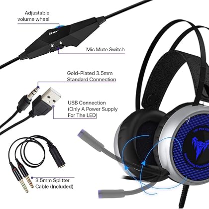 TBI Pro V8 IMBA Gaming Headset with 50MM High-End Dynamic, Comfy Earmuffs, LED, Adjustable Microphone, Mute and Volume Control for XboxOne, 360, S, PS3, PS4, PC, Nintendo, Laptop