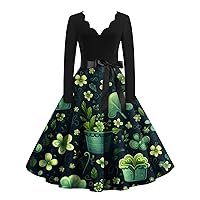 Women's Green Irish Outfits Casual Fashion V-Neck Long Sleeve Printed Vintage Dresses Cute Clover, S-5XL