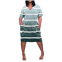 Women Dress Shirts,Women Plus Size Printed V Neck Comfortable Loose Dress Short Sleeved Knee Length Dress with