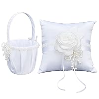 Flower Girl Baskets with Ring Pillow Satin Bowknot Artificial Pearl Flower Basket Set for Wedding Party Supplies Ceremony Home Anniversary,Wedding Flower Basket, Wedding Flower Basket, Flower Gi
