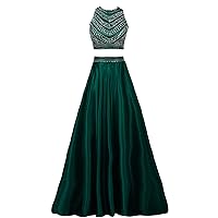 Women's Two Pieces Crystals Beaded Evening Gowns Satin Prom Dresses