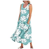Dresses for Women 2024 Summer Casual Fashion Flower Printed Sleeveless Round Neck Dress with Pocket